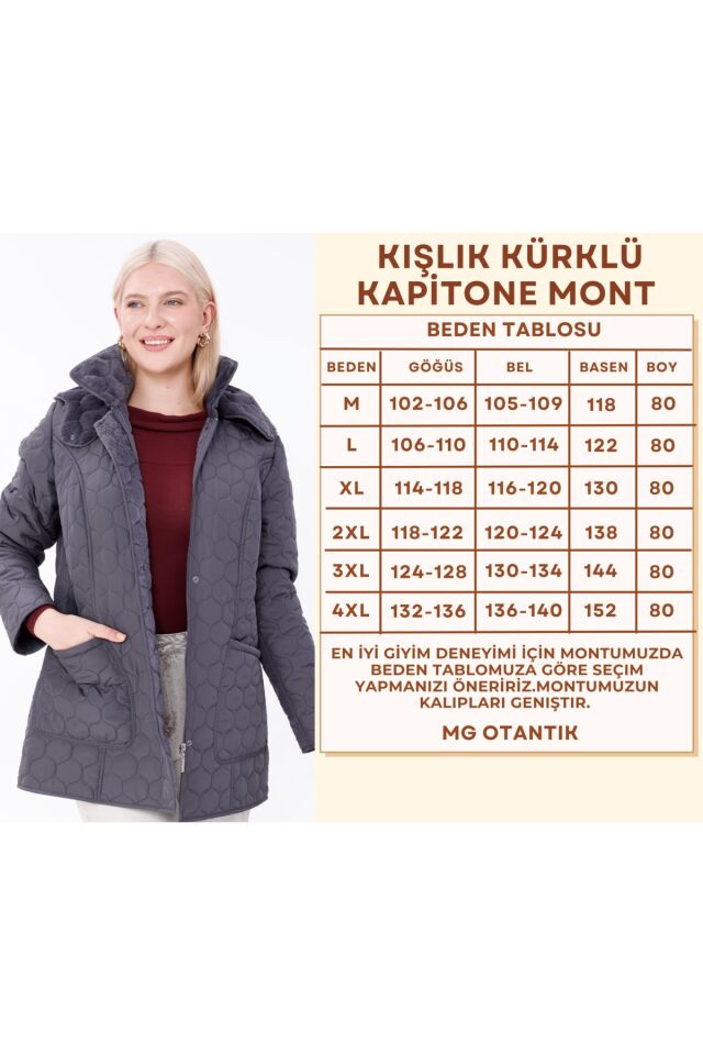 Kadın Kürklü Kapitone Mont - Su İtici Büyük Beden Kışlık Kaban M - Antrasit
