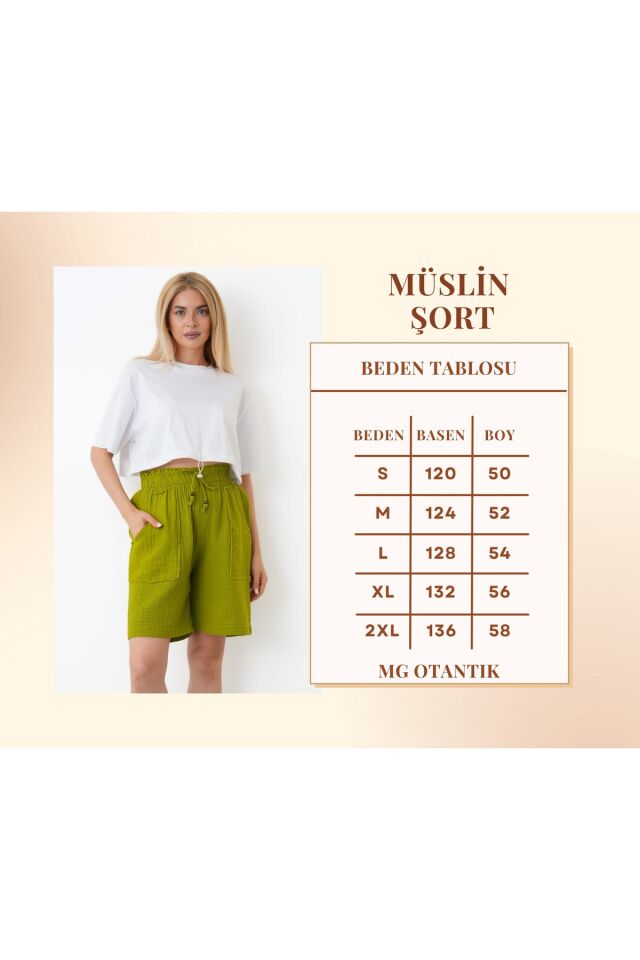 Müslin Şort Kadın Yüksek Bel Oversize Rahat Kesim Cepli %100 Pamuklu Yazlık Şort S - Yeşil