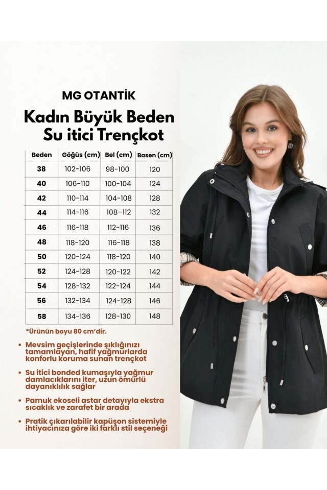 Kadın Suya Dayanıklı Büyük Beden Fermuarlı Kapüşonlu Pamuk Ekoseli Trençkot 38 - Siyah