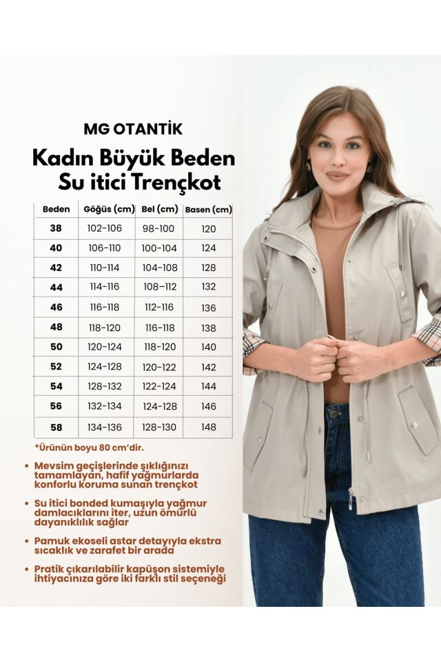 Kadın Suya Dayanıklı Büyük Beden Fermuarlı Kapüşonlu Pamuk Ekoseli Trençkot 38 - Bej