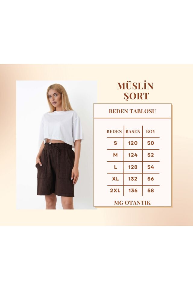 Müslin Şort Kadın Yüksek Bel Oversize Rahat Kesim Cepli %100 Pamuklu Yazlık Şort 2XL - Kahverengi