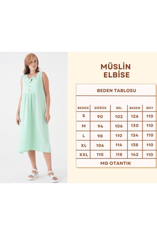 Kadın Müslin Elbise %100 Pamuk Düğme ve İp Detaylı Yazlık Günlük - MG007 XL - Mint Yeşili