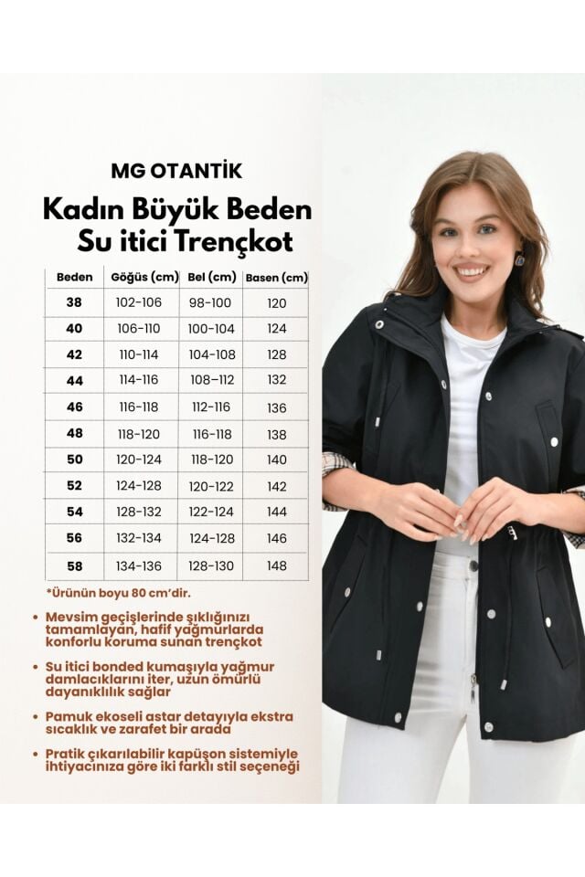 Kadın Suya Dayanıklı Büyük Beden Fermuarlı Kapüşonlu Pamuk Ekoseli Trençkot 56 - Siyah