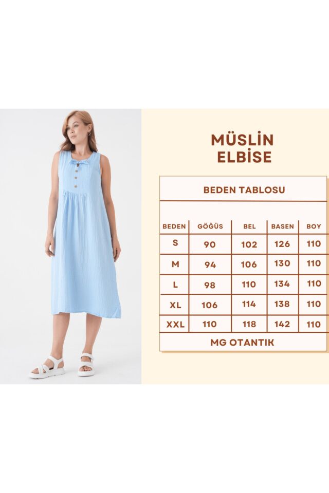 Kadın Müslin Elbise %100 Pamuk Düğme ve İp Detaylı Yazlık Günlük - MG007 S - BEBE MAVİSİ