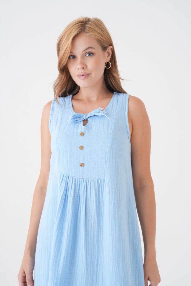 Kadın Müslin Elbise %100 Pamuk Düğme ve İp Detaylı Yazlık Günlük - MG007 XL - BEBE MAVİSİ