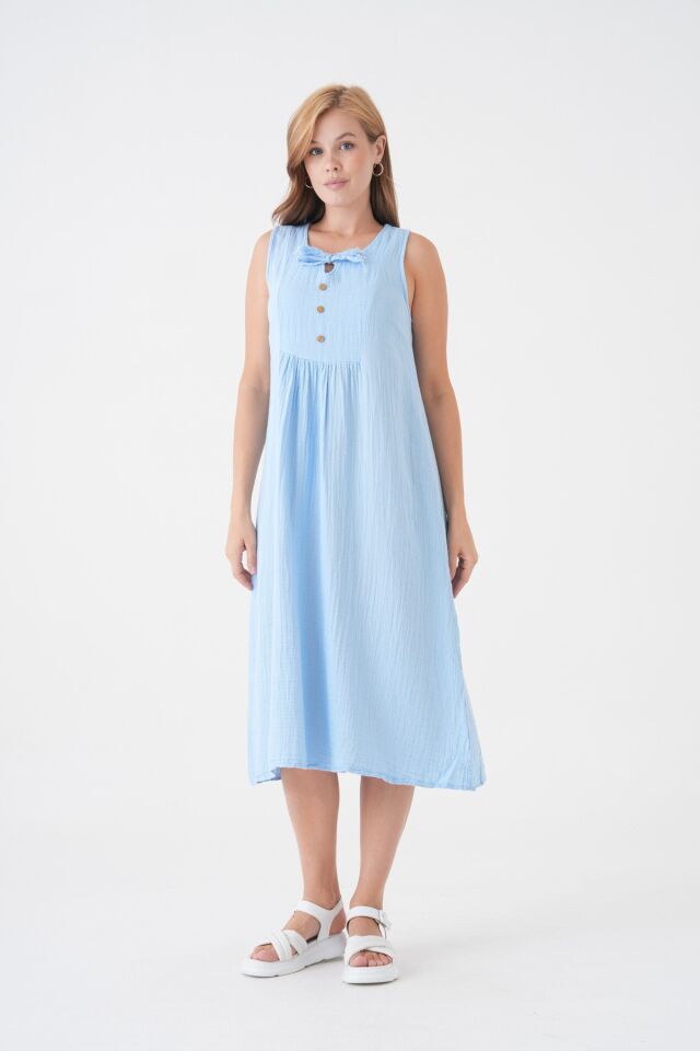 Kadın Müslin Elbise %100 Pamuk Düğme ve İp Detaylı Yazlık Günlük - MG007 XL - BEBE MAVİSİ