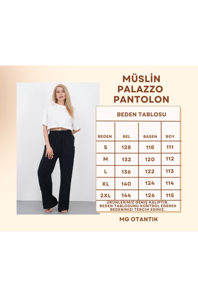Müslin Palazzo Pantolon Kadın Yazlık Bol Paça Salaş Rahat Lastikli Bel Cepli Günlük Şık Pantolon S - Siyah