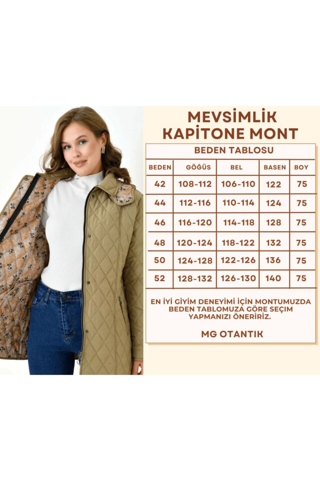 Kadın Büyük Beden Kapüşonlu İçi Desenli Fermuarlı Çıtçıtlı Kapitone Kaban Mont