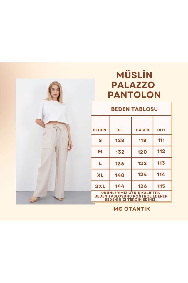 Müslin Palazzo Pantolon Kadın Yazlık Bol Paça Salaş Rahat Lastikli Bel Cepli Günlük Şık Pantolon 2XL - Bej