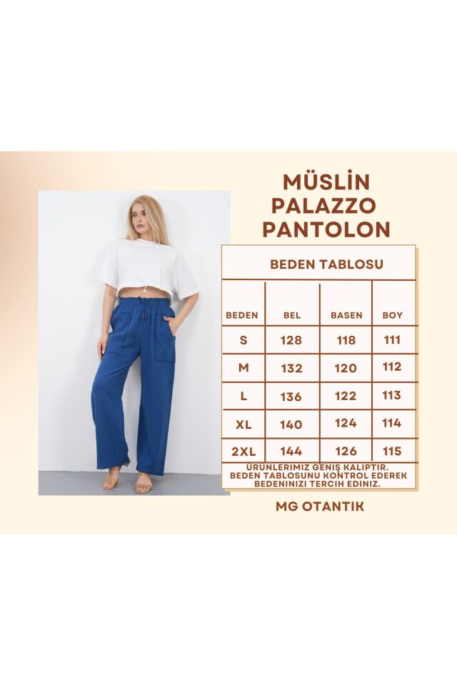 Müslin Palazzo Pantolon Kadın Yazlık Bol Paça Salaş Rahat Lastikli Bel Cepli Günlük Şık Pantolon XL - İndigo