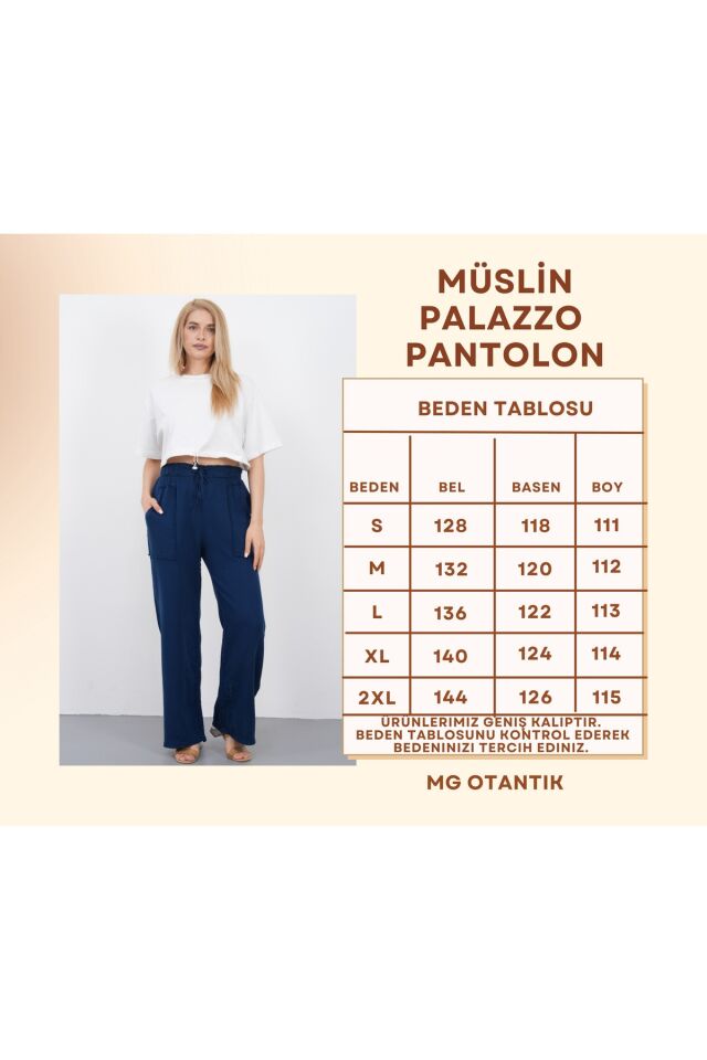 Müslin Palazzo Pantolon Kadın Yazlık Bol Paça Salaş Rahat Lastikli Bel Cepli Günlük Şık Pantolon XL - Lacivert