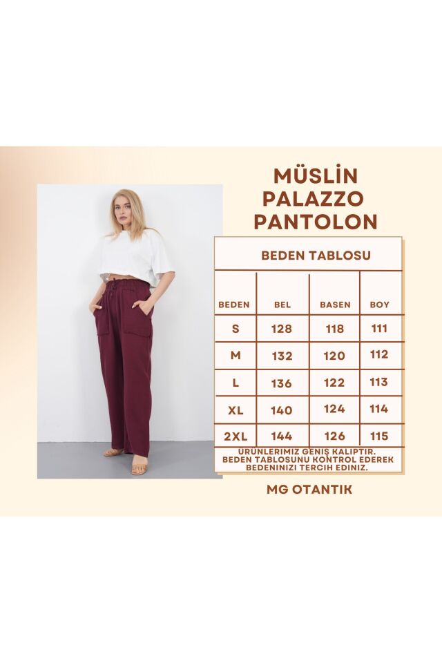 Müslin Palazzo Pantolon Kadın Yazlık Bol Paça Salaş Rahat Lastikli Bel Cepli Günlük Şık Pantolon S - Bordo