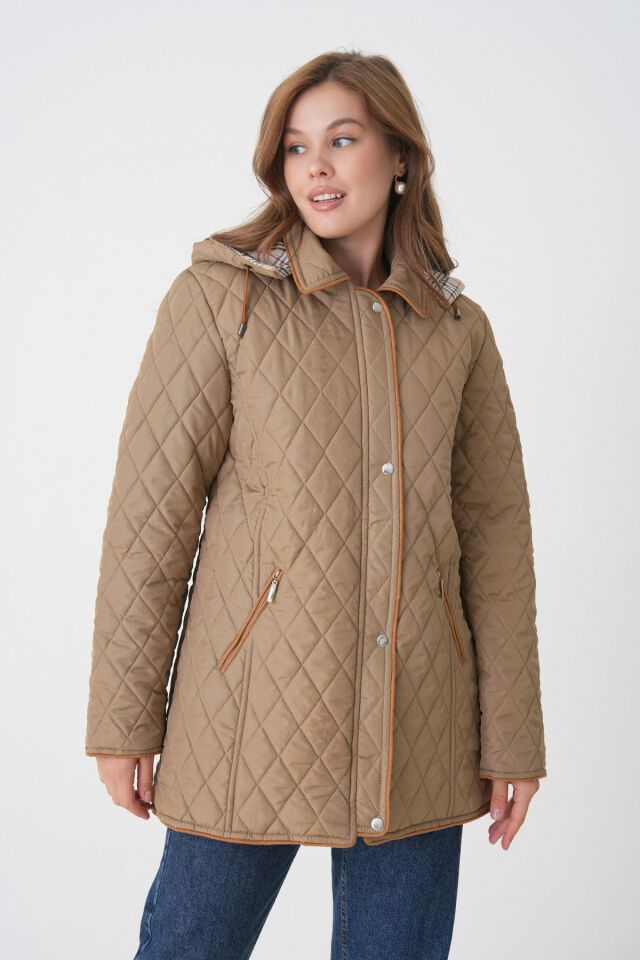 Büyük Beden Pamuk Ekoseli Kapitone Kaban - Kapüşonlu Mevsimlik Mont (MG001)