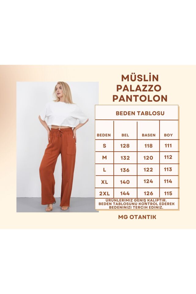 Müslin Palazzo Pantolon Kadın Yazlık Bol Paça Salaş Rahat Lastikli Bel Cepli Günlük Şık Pantolon 2XL - KİREMİT