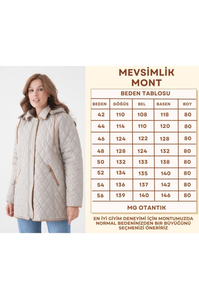 Büyük Beden Pamuk Ekoseli Kapitone Kaban - Kapüşonlu Mevsimlik Mont (MG001) 42 - Bej