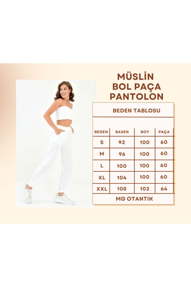 Kadın %100 Pamuk Yazlık Müslin Salaş Bol Paça Pantolon Mg001 2XL - BEYAZ