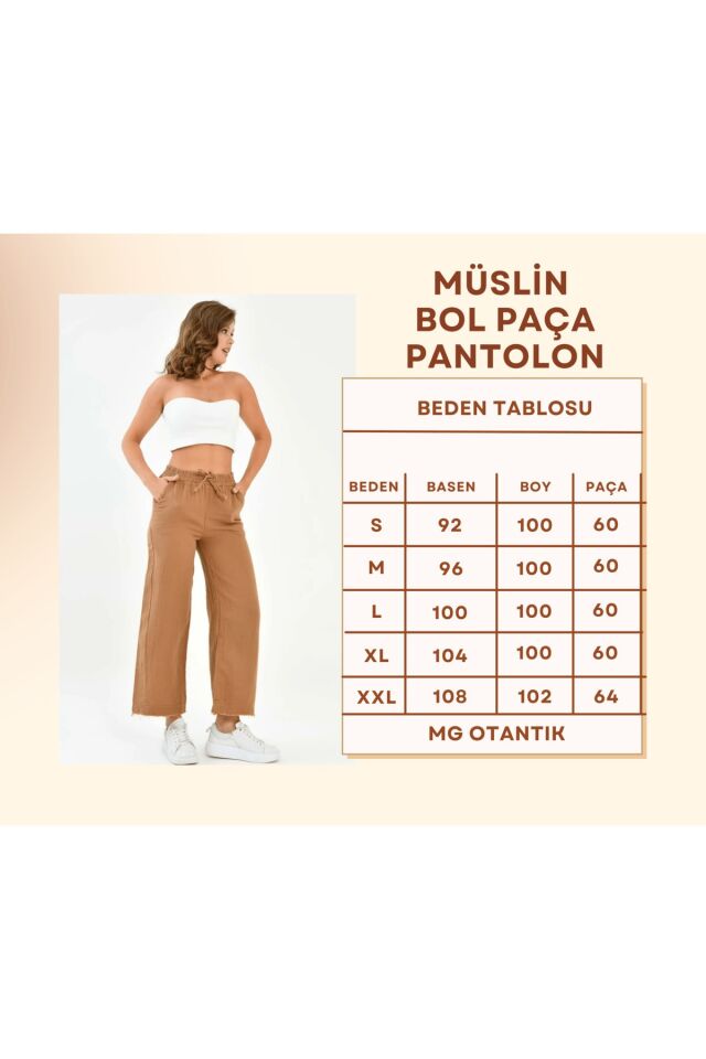 Kadın %100 Pamuk Yazlık Müslin Salaş Bol Paça Pantolon Mg001 XL - Kahverengi