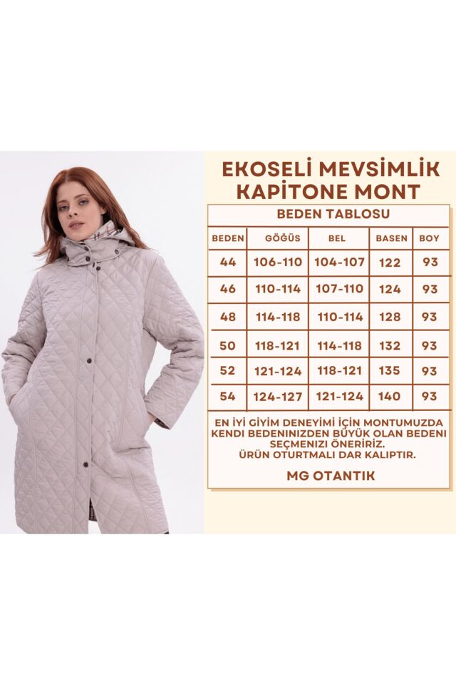 Kadın Büyük Beden Uzun Kapüşonlu Içi Ekoseli Mevsimlik Kapitone Kaban Mont -dar Kalıp 48 - Bej