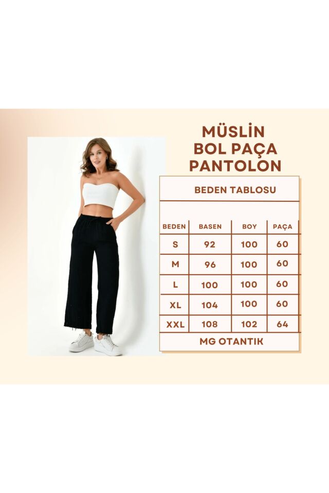 Kadın %100 Pamuk Yazlık Müslin Salaş Bol Paça Pantolon Mg001 L - Siyah