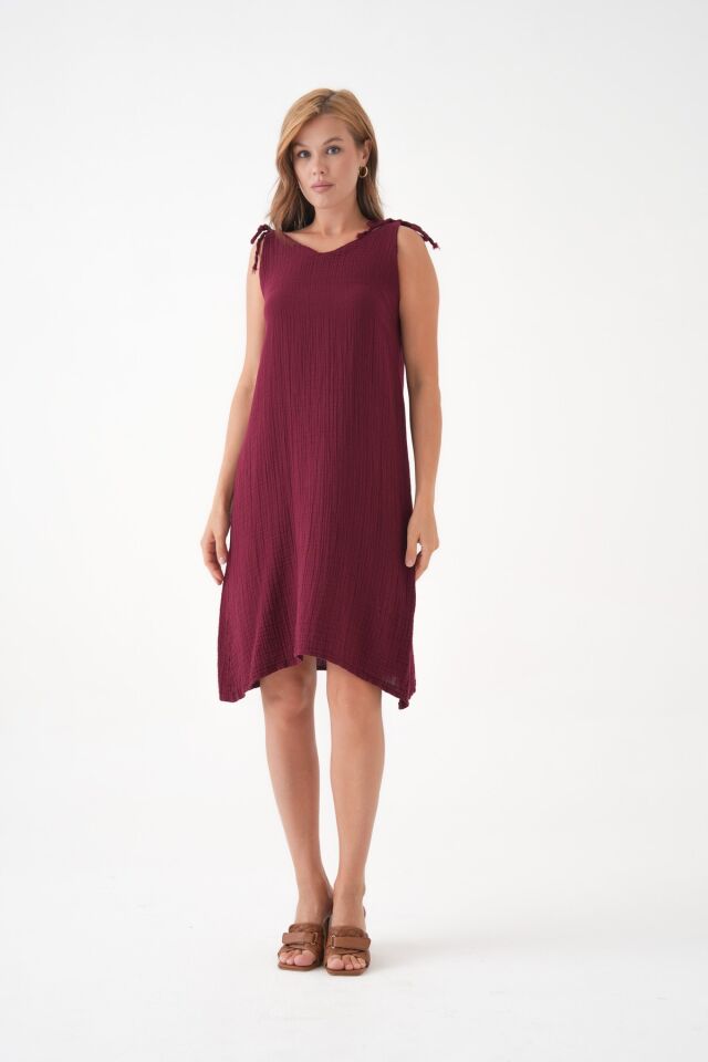 %100 Pamuk Müslin Kumaş İp Askılı Elbise MG-20251 2XL - Bordo