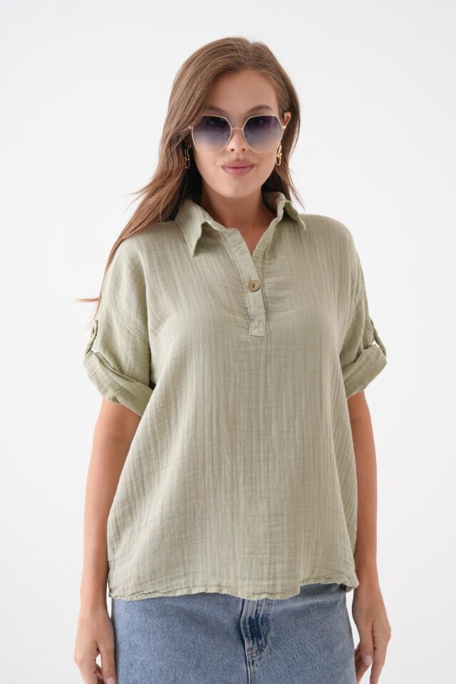 %100 PAMUK TEK DÜĞMELİ KATLANABİLİR KOL YAZLIK MÜSLİN BLUZ MG-202