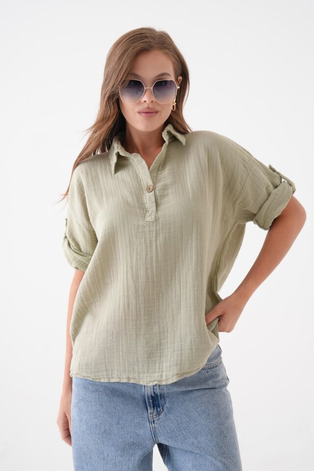 %100 PAMUK TEK DÜĞMELİ KATLANABİLİR KOL YAZLIK MÜSLİN BLUZ MG-202