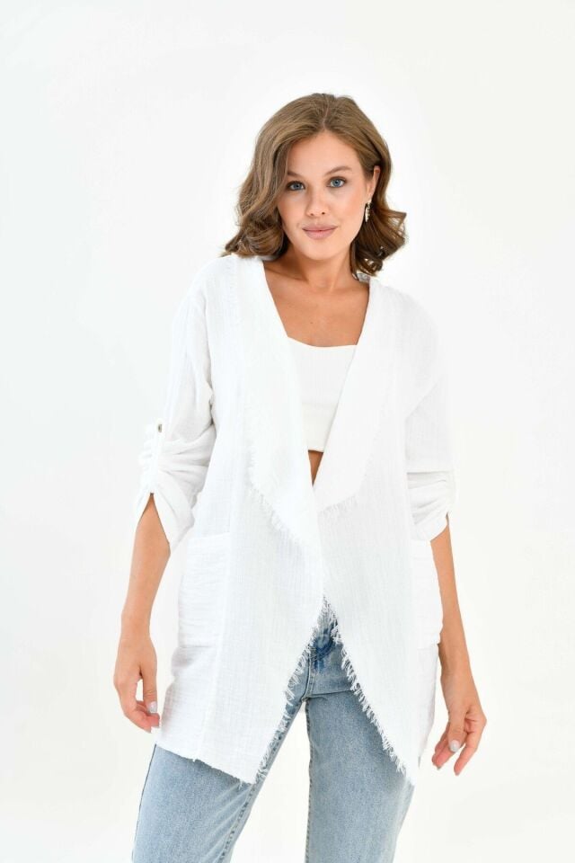 Kadın %100 Pamuk Saçaklı Katlanabilir Kol Yazlık Müslin Ceket Mg003